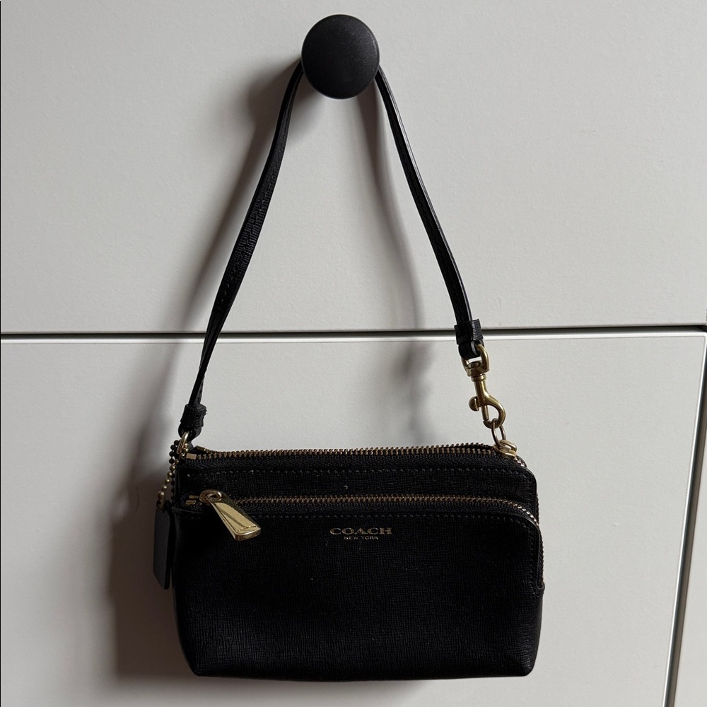 Vintage 1980 Coach Black Wristlet with Gold Accents